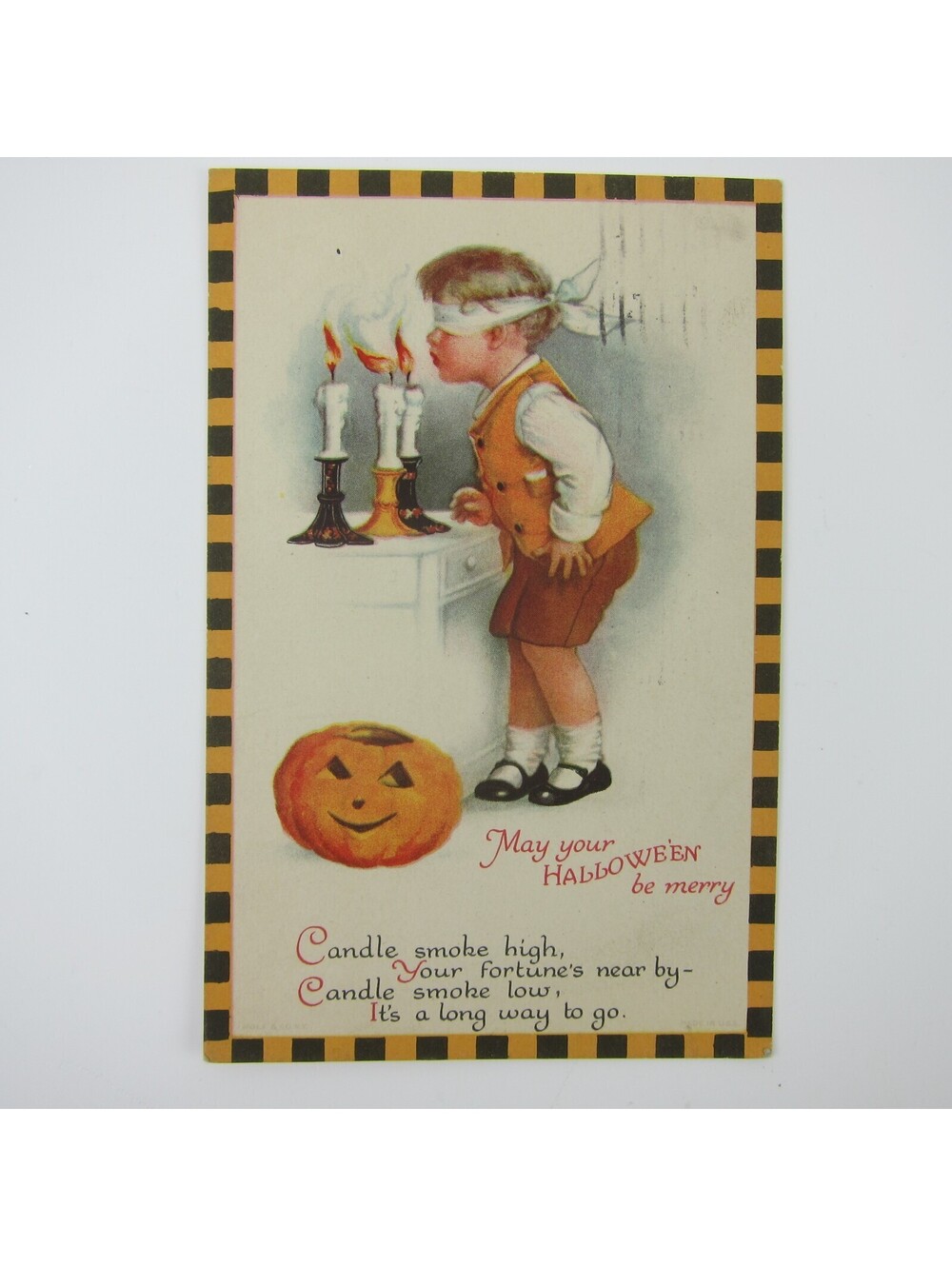 Vintage Halloween Postcard Wolf Clapsaddle Boy Blindfold Candles Jack-O-Lantern
